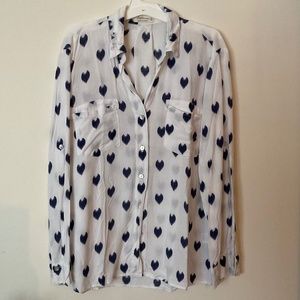 Heart graphic blue and white button down blouse - Small